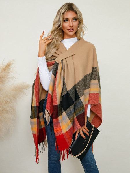 Fringe Contrast Plaid Poncho - S. M. & Co.