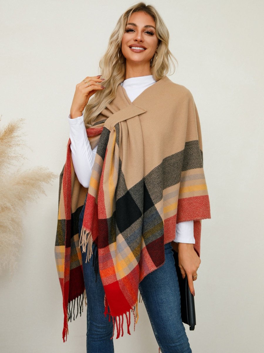 Fringe Contrast Plaid Poncho - S. M. & Co.