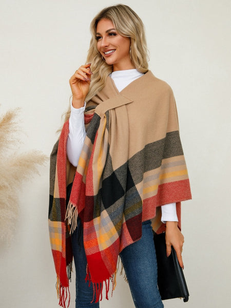 Fringe Contrast Plaid Poncho - S. M. & Co.