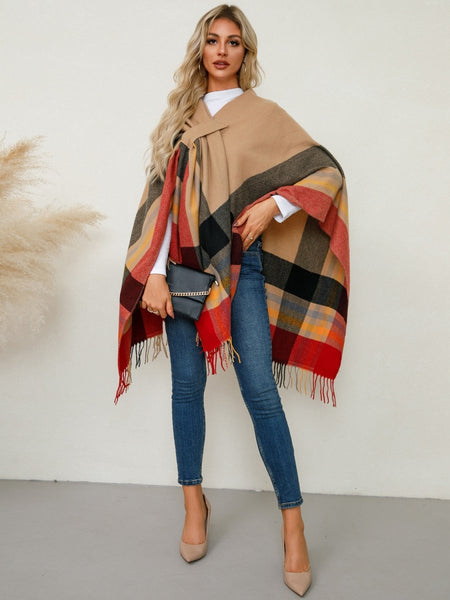 Fringe Contrast Plaid Poncho - S. M. & Co.