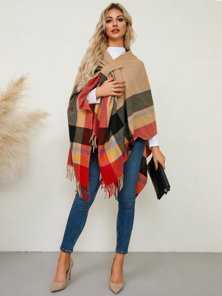 Fringe Contrast Plaid Poncho - S. M. & Co.