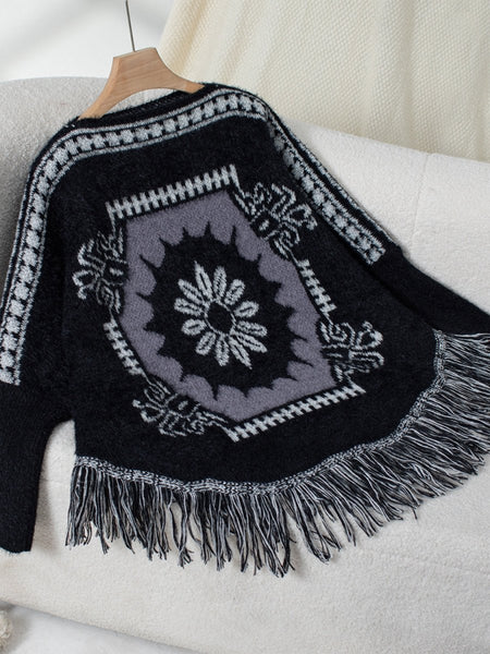 Fringe Geometric Long Sleeve Poncho - S. M. & Co.