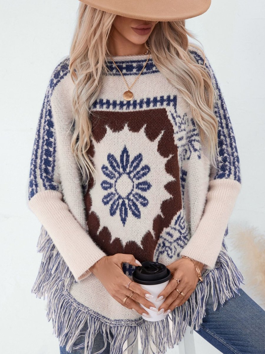 Fringe Geometric Long Sleeve Poncho - S. M. & Co.