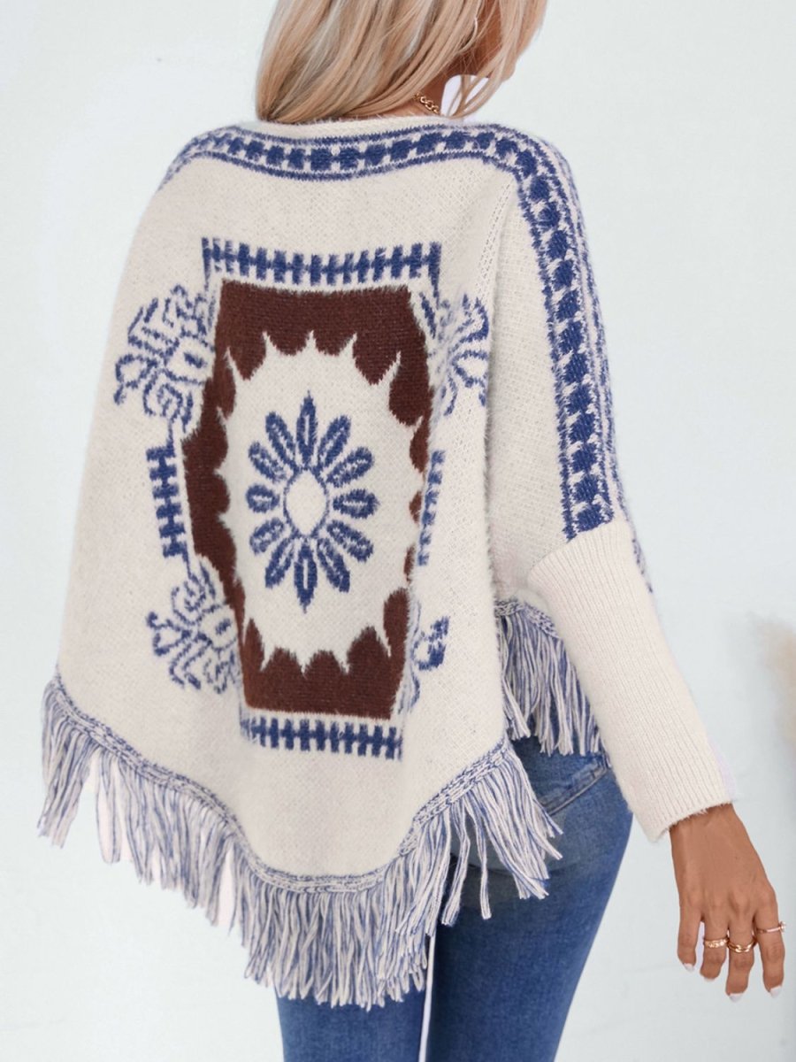 Fringe Geometric Long Sleeve Poncho - S. M. & Co.