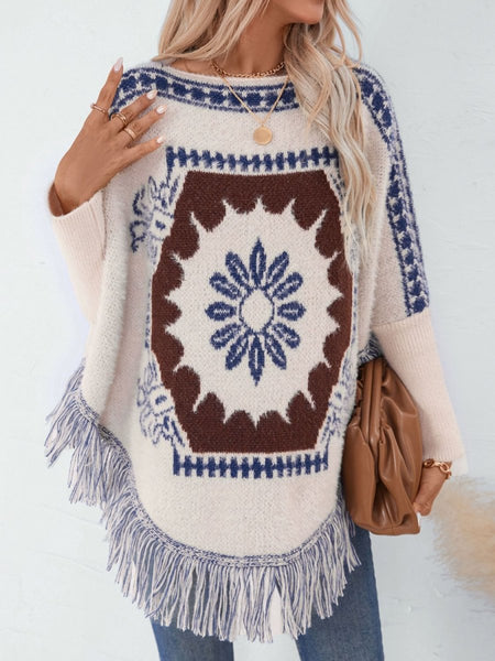 Fringe Geometric Long Sleeve Poncho - S. M. & Co.