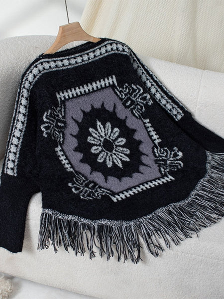 Fringe Geometric Long Sleeve Poncho - S. M. & Co.