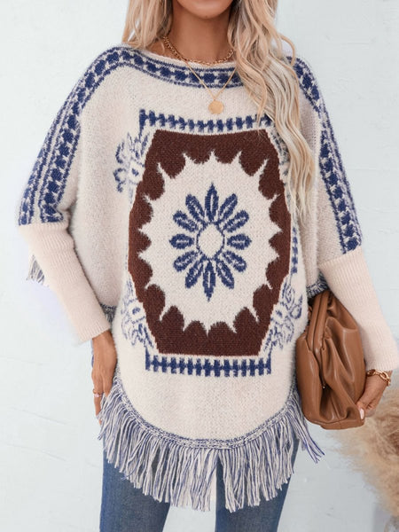 Fringe Geometric Long Sleeve Poncho - S. M. & Co.