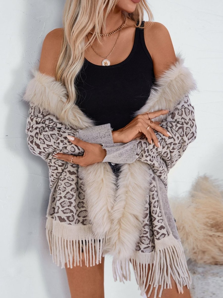 Fringe Leopard Open Front Long Sleeve Poncho - S. M. & Co.