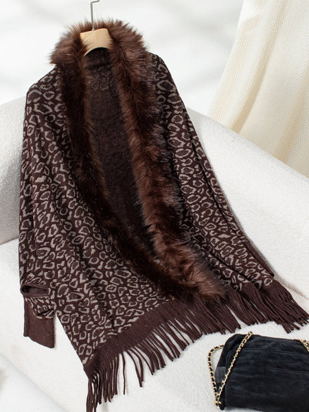 Fringe Leopard Open Front Long Sleeve Poncho - S. M. & Co.