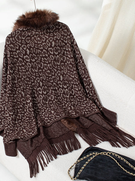 Fringe Leopard Open Front Long Sleeve Poncho - S. M. & Co.