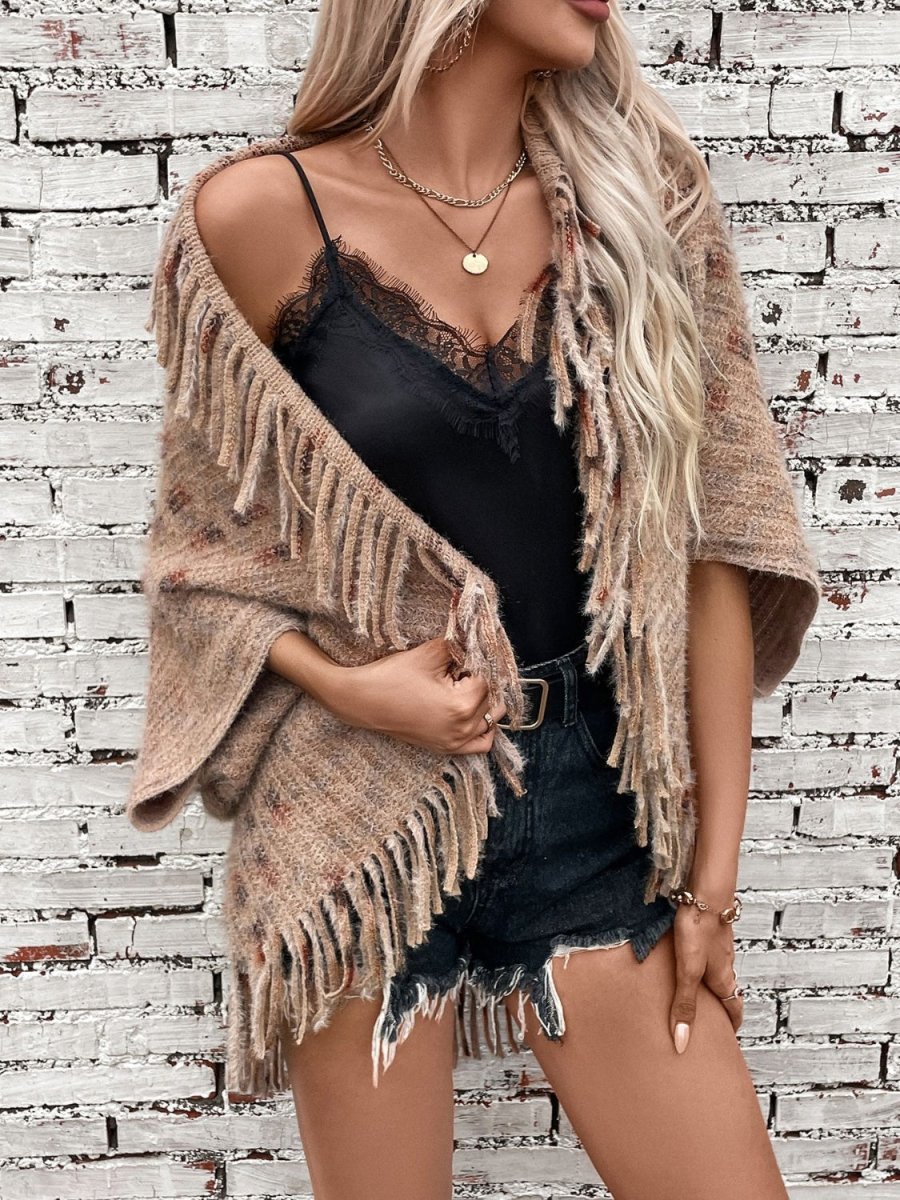 Fringe Open Front Half Sleeve Poncho - S. M. & Co.