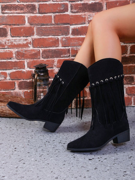 Fringe Suede Point Toe Block Heel Boots - S. M. & Co.