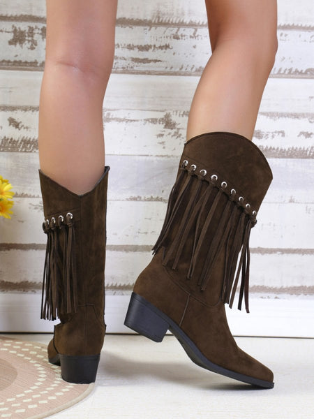 Fringe Suede Point Toe Block Heel Boots - S. M. & Co.