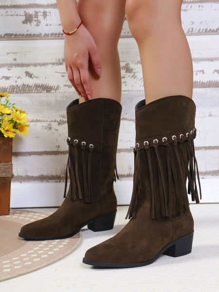 Fringe Suede Point Toe Block Heel Boots - S. M. & Co.