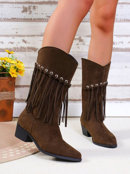 Fringe Suede Point Toe Block Heel Boots - S. M. & Co.