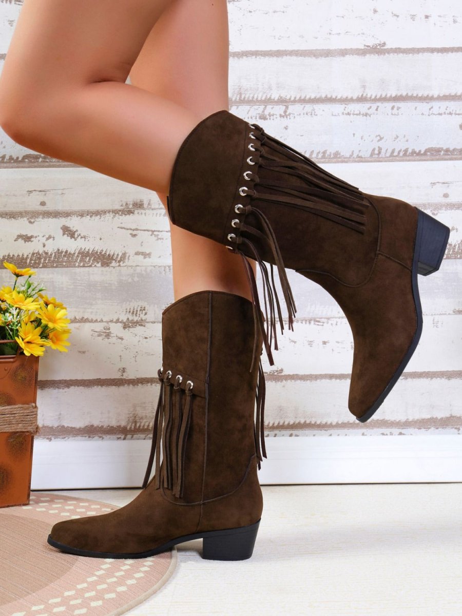 Fringe Suede Point Toe Block Heel Boots - S. M. & Co.