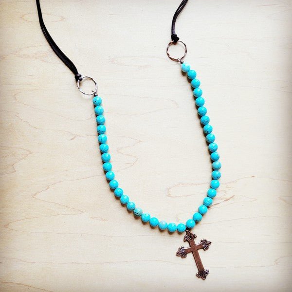 Frosted Magnesite Beaded Necklace w/ Copper Cross - S. M. & Co. Necklace