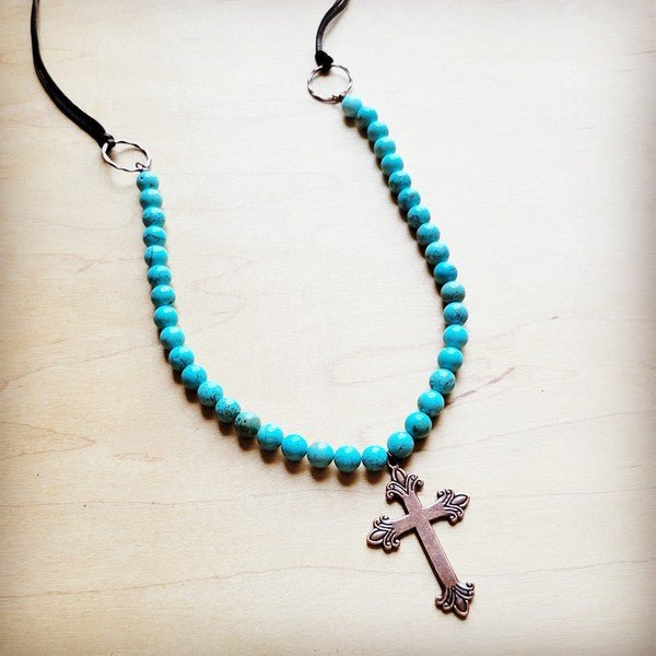 Frosted Magnesite Beaded Necklace w/ Copper Cross - S. M. & Co. Necklace