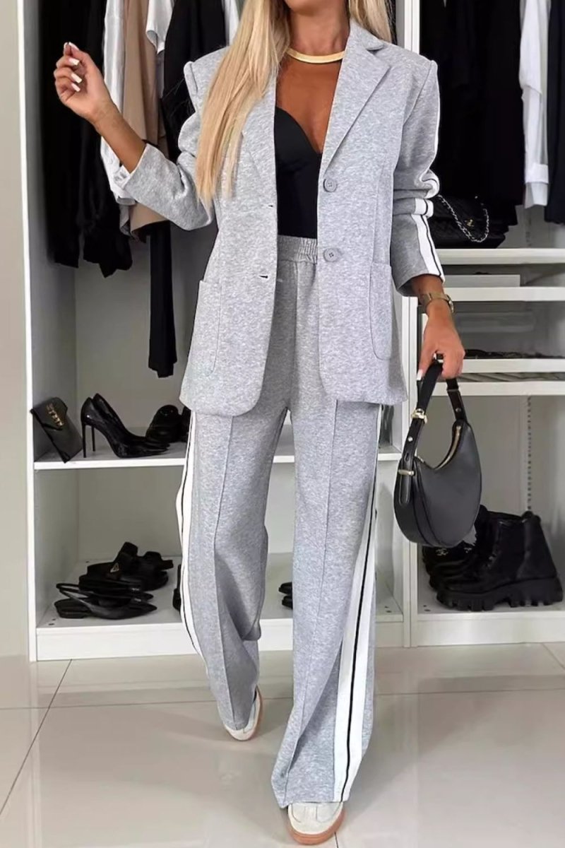 Full Size Contrast Lapel Collar Top and Pants Set - S. M. & Co.