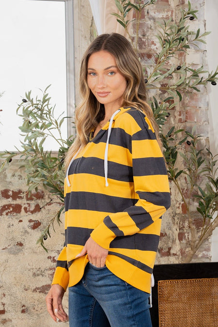 Full Size Drawstring Striped Long Sleeve Hoodie - S. M. & Co.