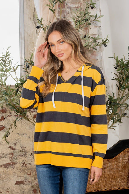 Full Size Drawstring Striped Long Sleeve Hoodie - S. M. & Co.