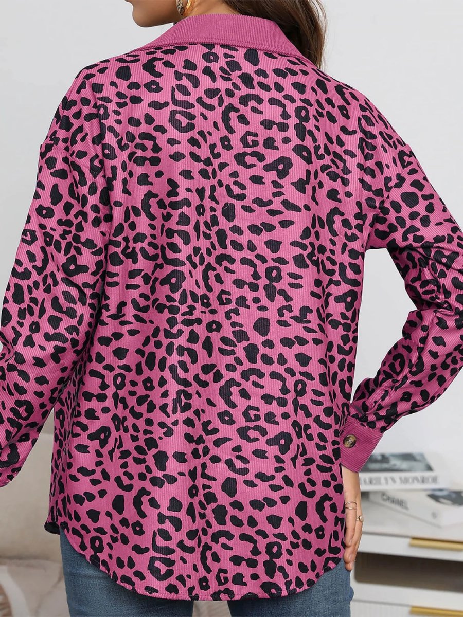 Full Size Leopard Collared Neck Button Up Long Sleeve Jacket - S. M. & Co.