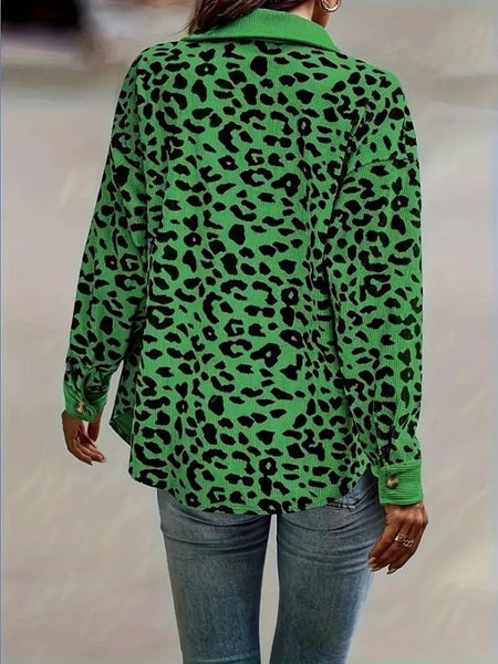 Full Size Leopard Collared Neck Button Up Long Sleeve Jacket - S. M. & Co.