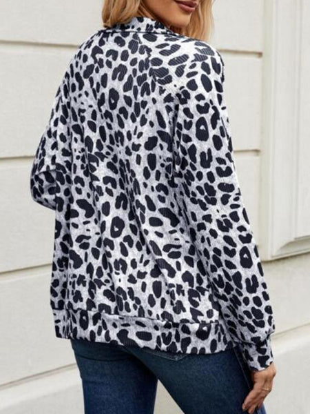 Full Size Leopard Collared Neck Zip Up Jacket - S. M. & Co.