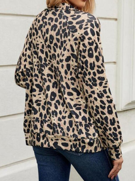 Full Size Leopard Collared Neck Zip Up Jacket - S. M. & Co.