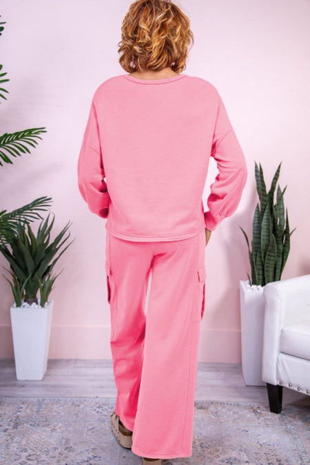 Full Size Round Neck Long Sleeve Top and Drawstring Pants Set - S. M. & Co.