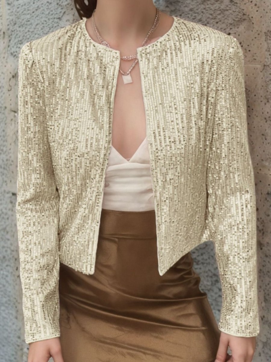 Full Size Sequin Open Front Cropped Jacket - S. M. & Co.