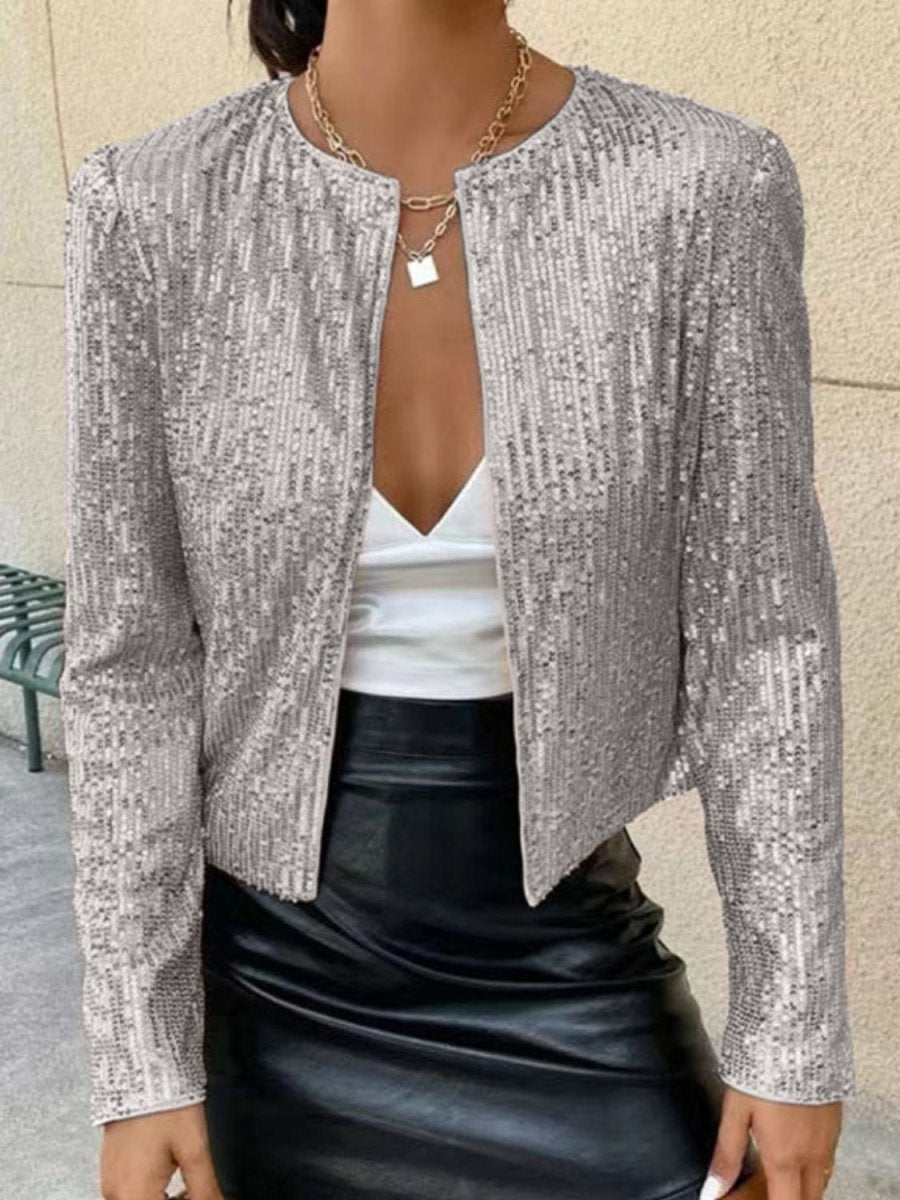 Full Size Sequin Open Front Cropped Jacket - S. M. & Co.