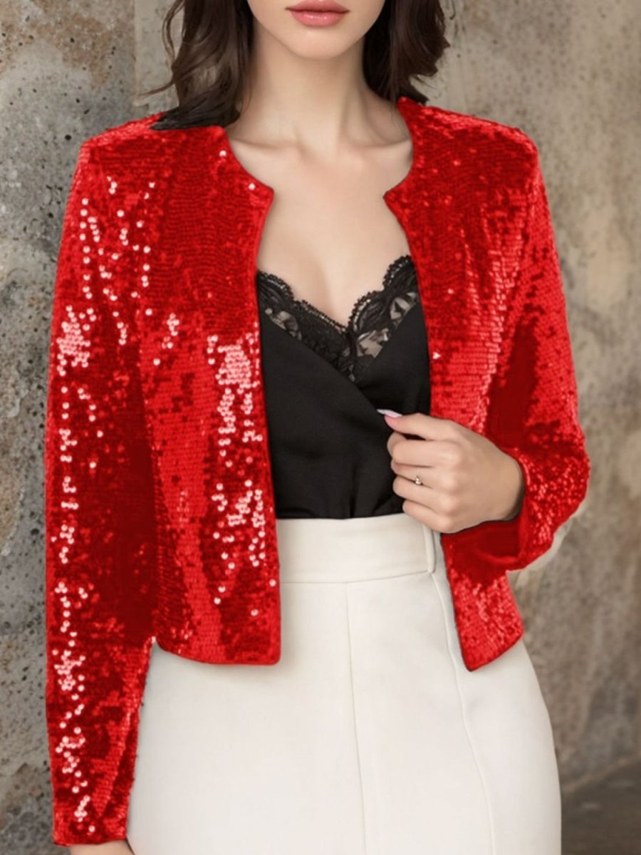 Full Size Sequin Open Front Cropped Jacket - S. M. & Co.