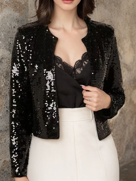 Full Size Sequin Open Front Cropped Jacket - S. M. & Co.