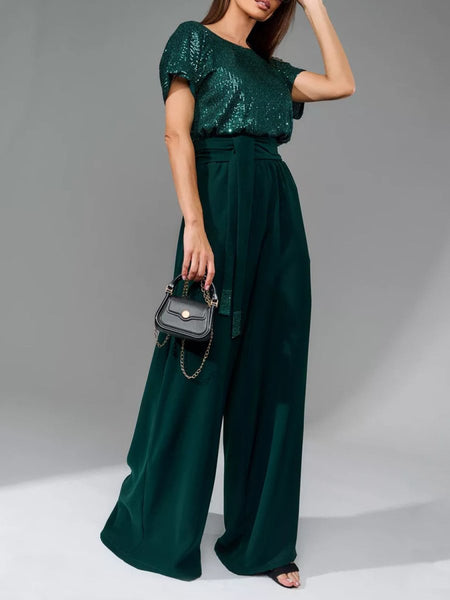 Full Size Sequin Round Neck Short Sleeve Wide Leg Jumpsuit - S. M. & Co.