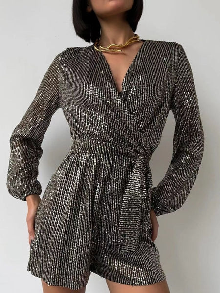 Full Size Sequin Surplice Tie Waist Long Sleeve Romper - S. M. & Co.