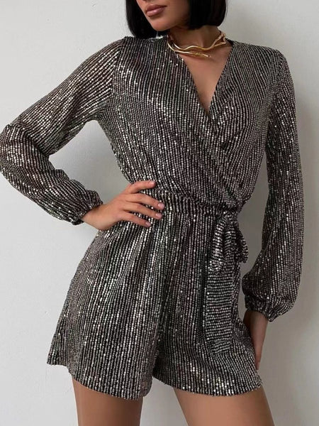 Full Size Sequin Surplice Tie Waist Long Sleeve Romper - S. M. & Co.