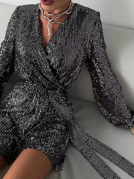 Full Size Sequin Surplice Tie Waist Long Sleeve Romper - S. M. & Co.