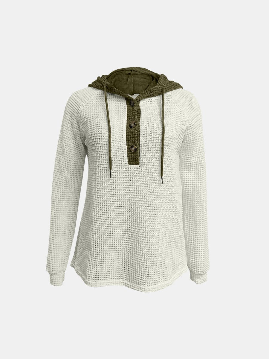 Full Size Waffle - Knit Contrast Long Sleeve Hoodie - S. M. & Co.