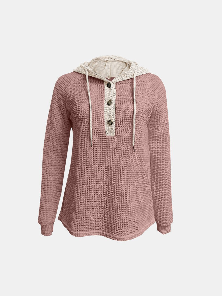 Full Size Waffle - Knit Contrast Long Sleeve Hoodie - S. M. & Co.