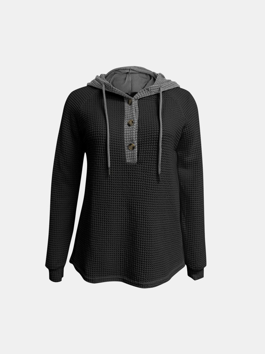 Full Size Waffle - Knit Contrast Long Sleeve Hoodie - S. M. & Co.