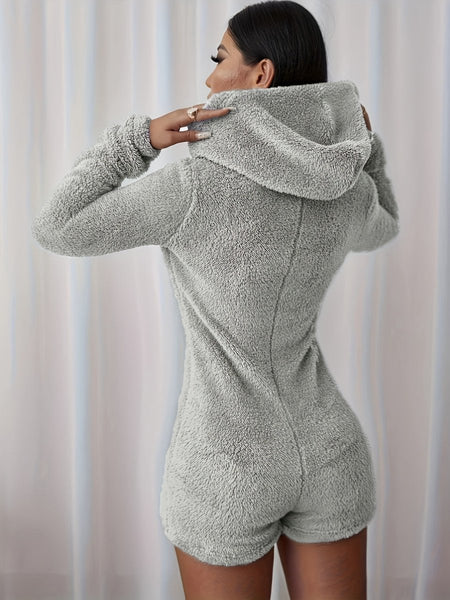 Furry Half Zip Long Sleeve Hooded Bodysuit - S. M. & Co.