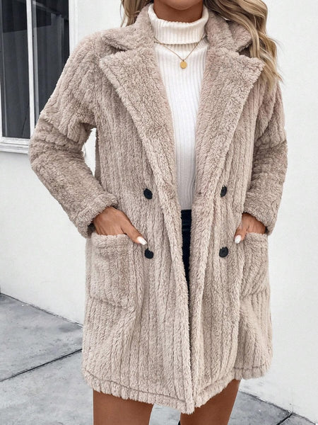 Fuzzy Button Up Long Sleeve Coat with Pockets - S. M. & Co.