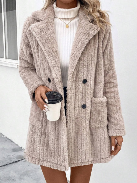 Fuzzy Button Up Long Sleeve Coat with Pockets - S. M. & Co.