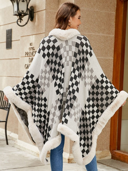 Fuzzy Checkered Long Sleeve Poncho - S. M. & Co.