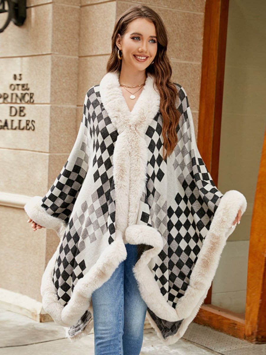 Fuzzy Checkered Long Sleeve Poncho - S. M. & Co.