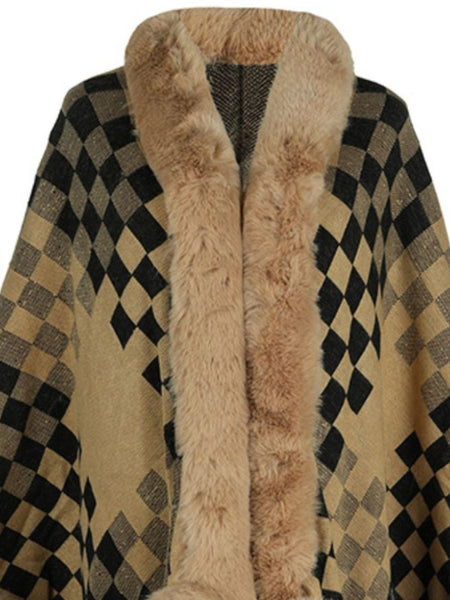 Fuzzy Checkered Long Sleeve Poncho - S. M. & Co.