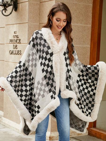 Fuzzy Checkered Long Sleeve Poncho - S. M. & Co.