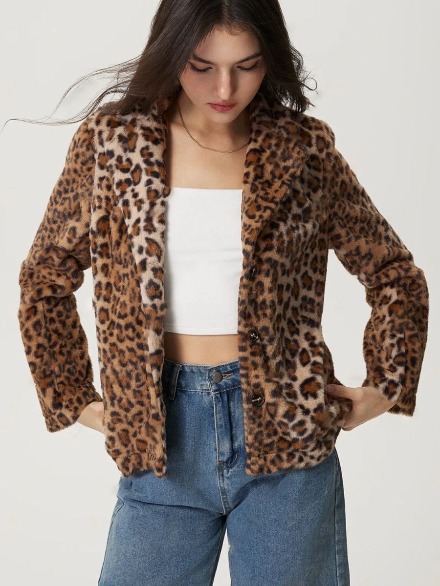 Fuzzy Leopard Collared Neck Jacket - S. M. & Co.