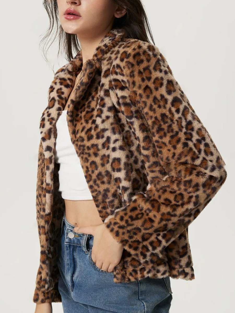 Fuzzy Leopard Collared Neck Jacket - S. M. & Co.